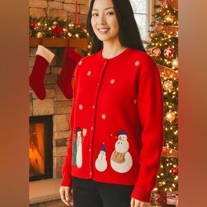 Croft & Barrow Womens Knit Red Ugly Christmas Sweater Appliquéd Snowmen Sz L